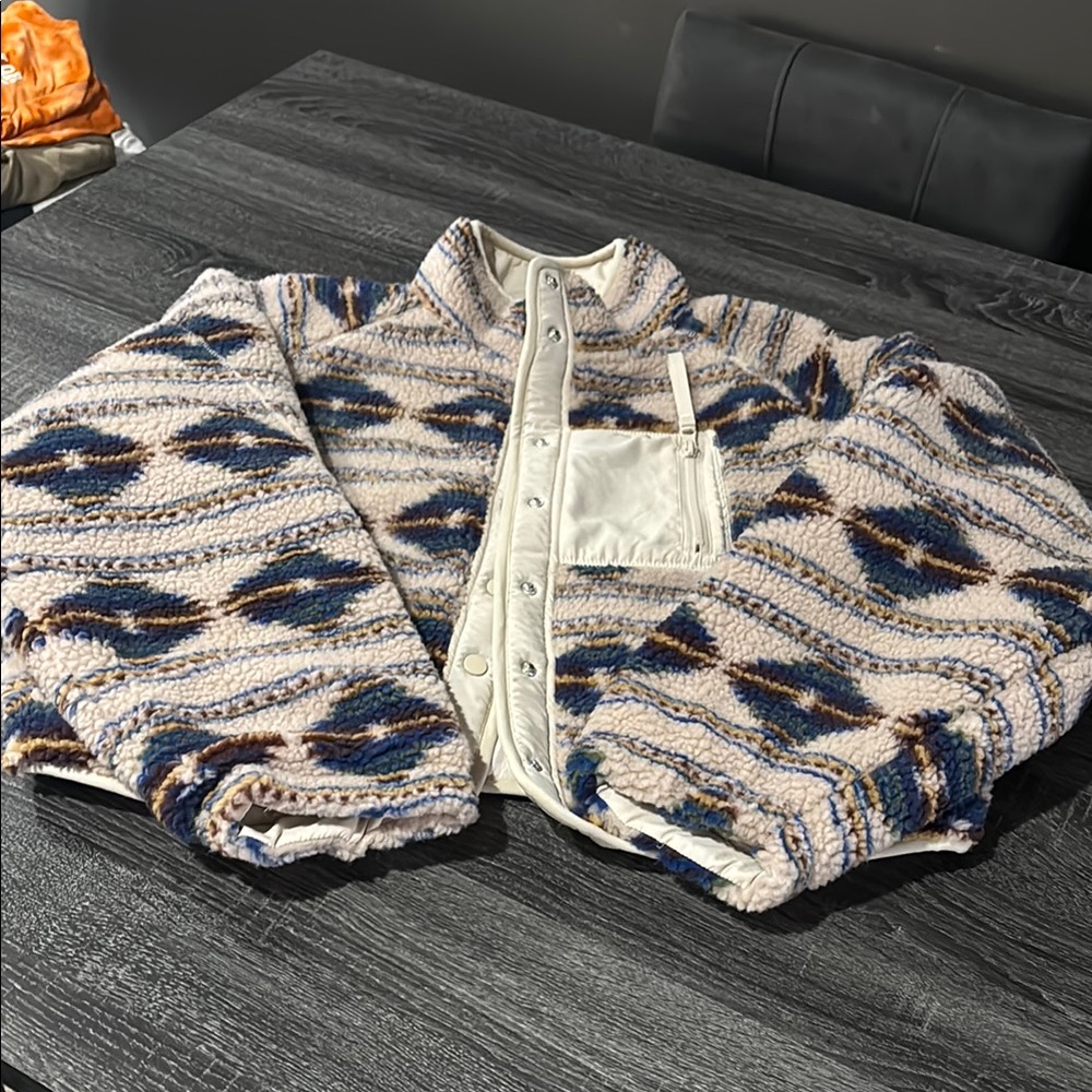 Blank NYC Cream and Blue Teddy Jacket with Retro Pattern